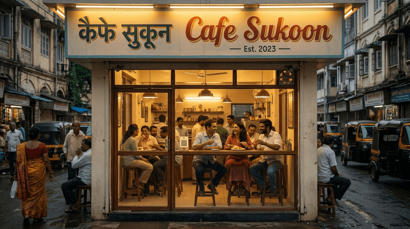 A bustling Indian café at dusk with warm interior glow